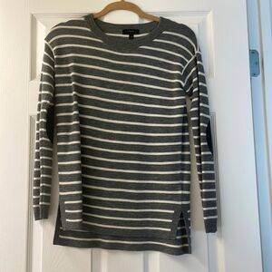 J.Crew Gray & White Striped Merino Wool Sweater – Leather Elbow Patches